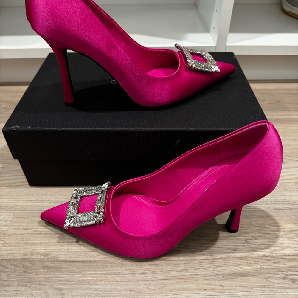 Club L London Elegant Fuchsia Satin Heels with Rhinestone Buckle